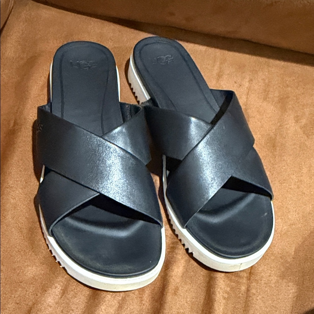 {preloved} Women’s UGG Black Leather Cross-Strap Slide Sandals